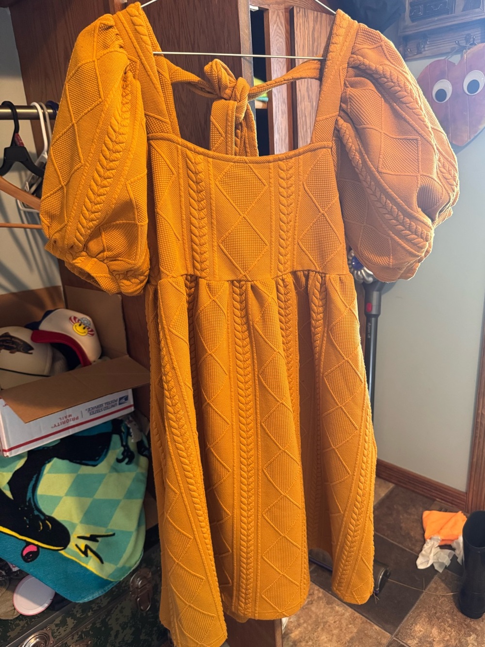 böhme Mustard Knit Puff-Sleeve Mini Dress